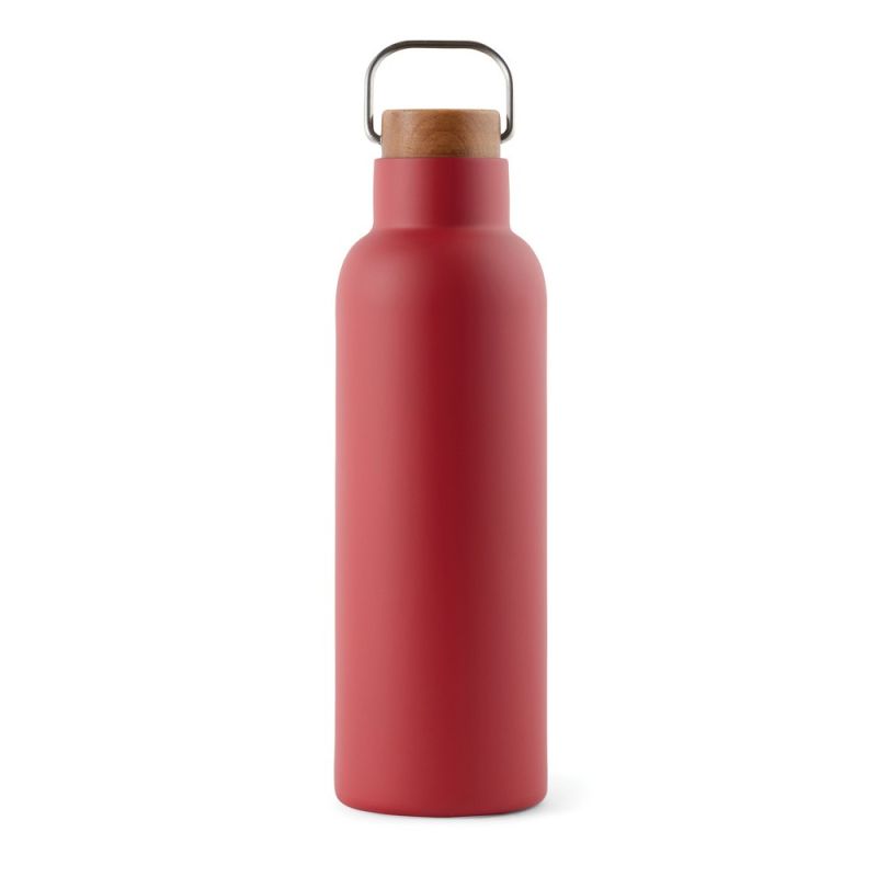 Rote Isolierflasche mit Holzgriff